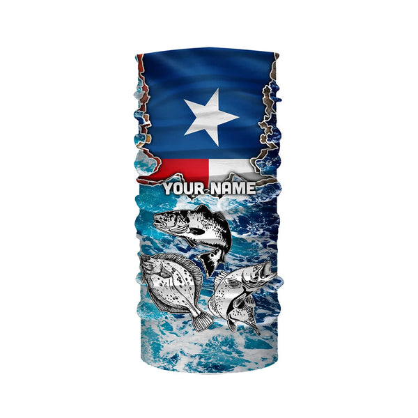 Texas Flag Redfish, trout, flounder blue wave camo custom name performance long sleeve fishing shirts NQS5440