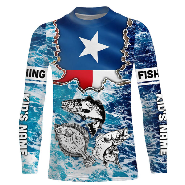 Texas Flag Redfish, trout, flounder blue wave camo custom name performance long sleeve fishing shirts NQS5440