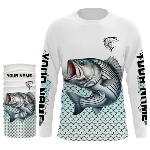 Striped Bass Fishing jerseys, Striper scales Custom name Long Sleeve performance Fishing Shirts NQS4513