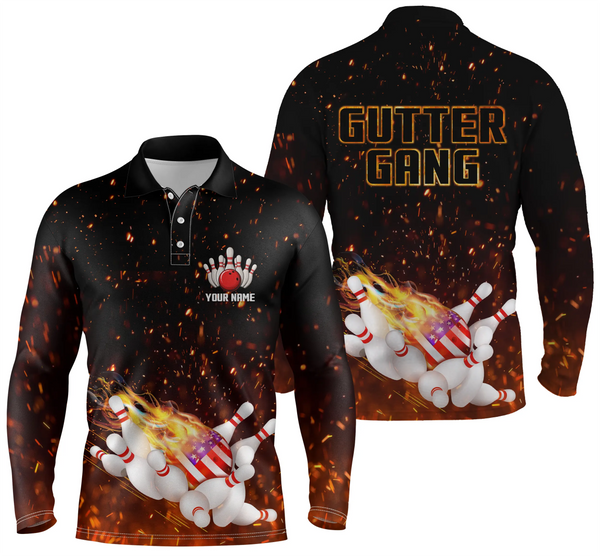 Personalized flame American flag Bowling polo shirt for men Custom Gutter gang team bowling shirts NQS4665