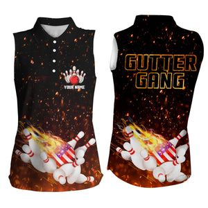 Personalized flame American flag Sleeveless polo bowling shirts for women Custom Gutter gang shirt NQS4665