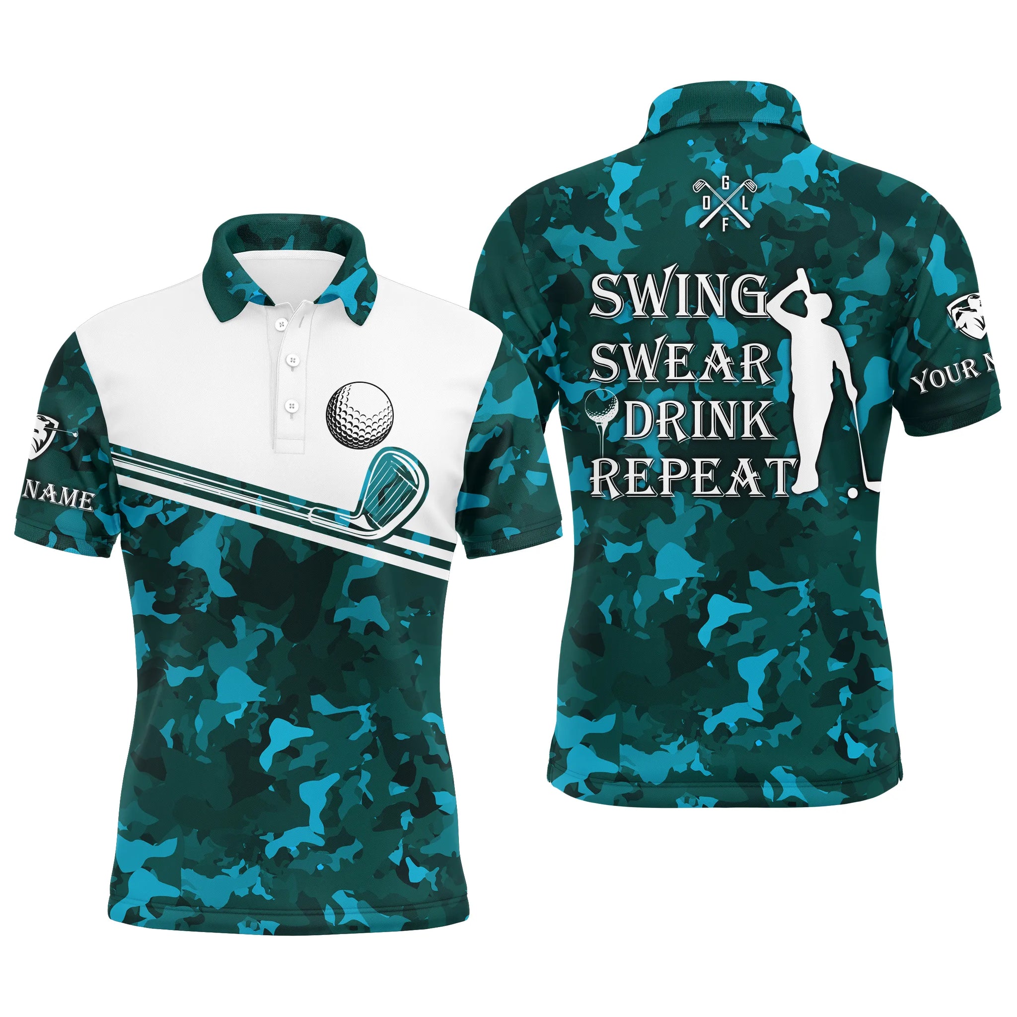 Mens golf polo shirt swing swear drink repeat custom name teal blue camo white men golf shirts NQS4883