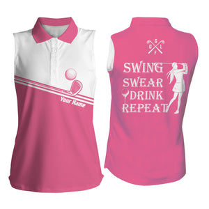 Womens sleeveless polo shirt swing swear drink repeat custom name pink white ladies golf tops NQS4884