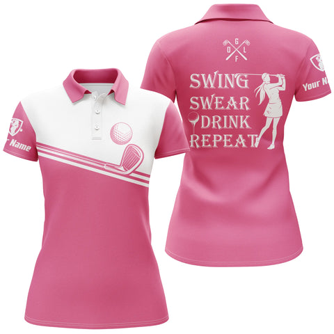 Womens golf polo shirt swing swear drink repeat custom name pink white ladies golf tops, golfing gifts NQS4884