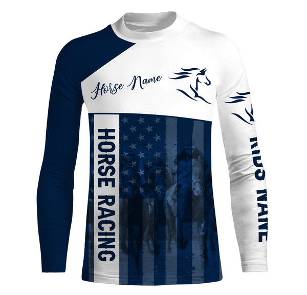 American horse running racing blue Customize Name and Horse name 3D All Over Printed Shirts Personalized gifts for team rider NQS2805