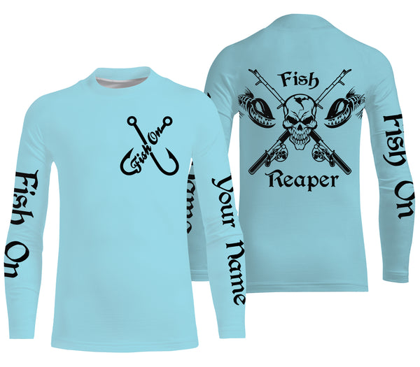 Fish Reaper Fish on Custom Name 3D All over printed Fishing Shirts UV protection UPF 30+ light blue fishing shirts, fishing jerseys NQS2812