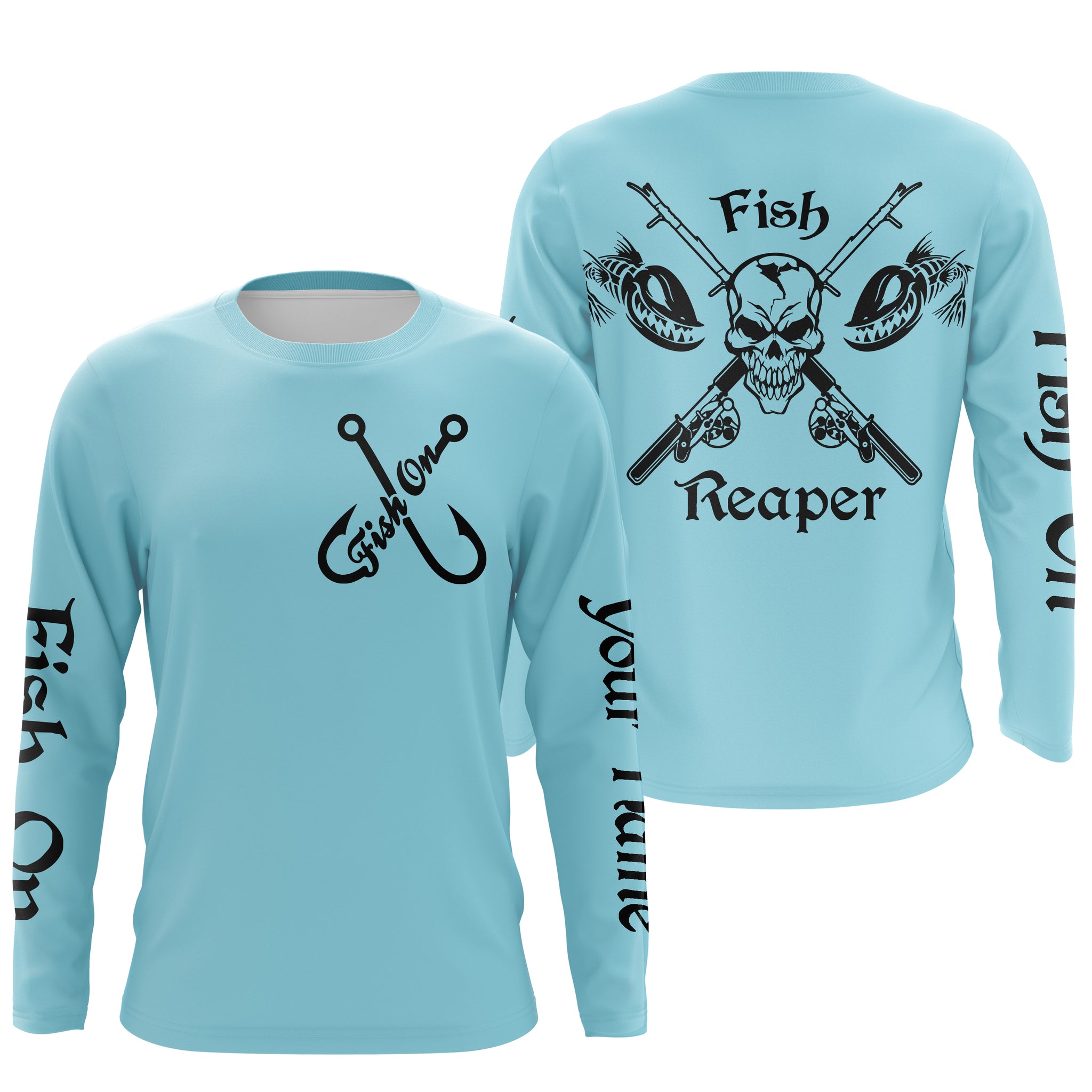 Fish Reaper Fish On Custom Name 3D All Over Printed Fishing Shirts UV Protection UPF 30+ Light Blue Fishing Shirts, Fishing Jerseys NQS2812 Long