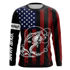 Black American Flag Bass Fishing Tattoo Customize Performance Long Sleeves Patriotic Fishing Shirts NQS6131, Long Sleeves UPF + Face Shield / M