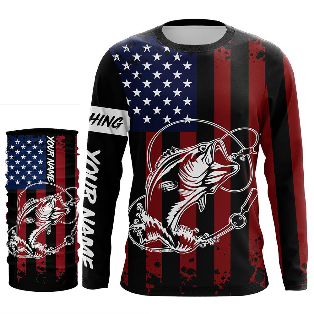 Black American Flag Bass Fishing Tattoo Customize Performance Long Sleeves Patriotic Fishing Shirts NQS6131, Long Sleeves UPF + Face Shield / M