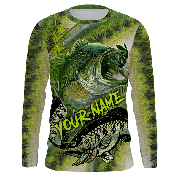 Personalized Bass Fishing jerseys, Bass Fishing green scales Long Sleeve Fishing tournament shirts NQS3592