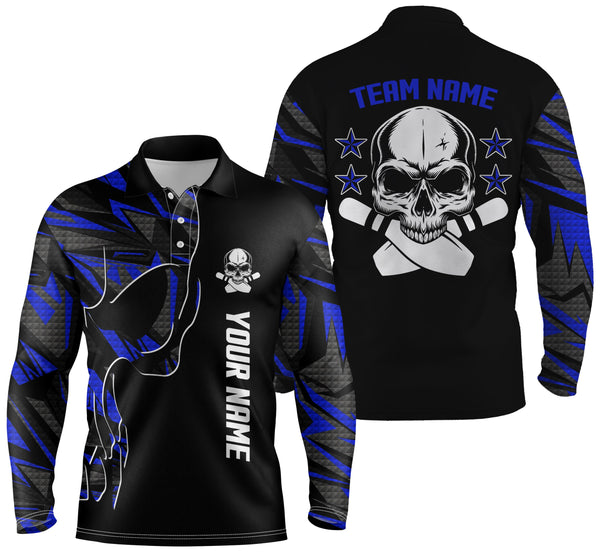 Bowling polo shirts for men custom name and team name Skull Bowling, team bowling shirts | Blue NQS4553