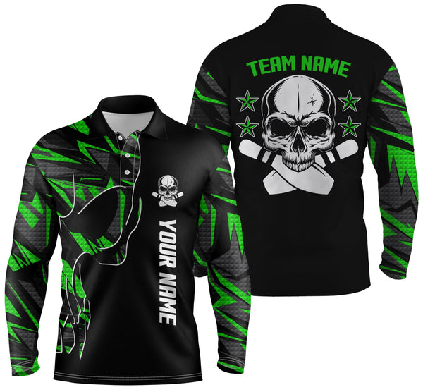 Bowling polo shirts for men custom name and team name Skull Bowling, team bowling shirts | Green NQS4553