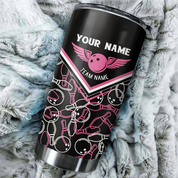 1pc pink Bowling Ball and Pins custom team name Tumbler Cup, Personalized bowling drinkware NQS5229