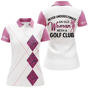 White Pink leopard Womens golf polos shirts custom never underestimate an old women with a golf club  NQS5241