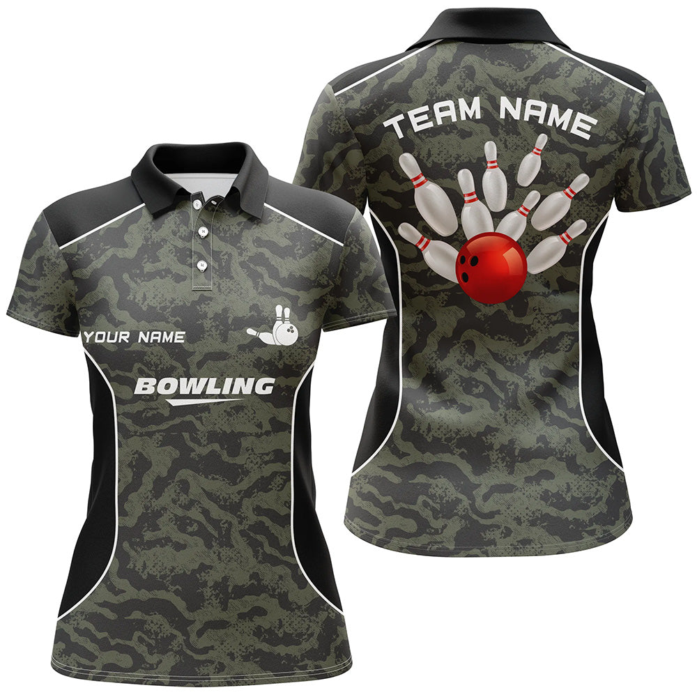 Women bowling polo shirts Custom bowling ball and pins camo Bowling Team Jersey for women NQS5248