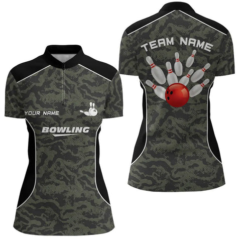 Womens bowling Quarter Zip shirts Custom bowling ball and pins camo Bowling Team Jersey for ladies NQS5248