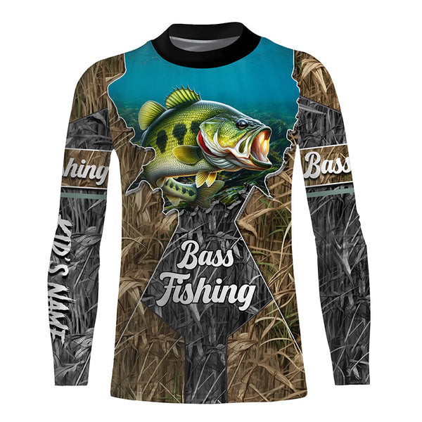 Largemouth Bass Fishing Camo Customize name sun protection long sleeve fishing shirt, personalized gift NQS474