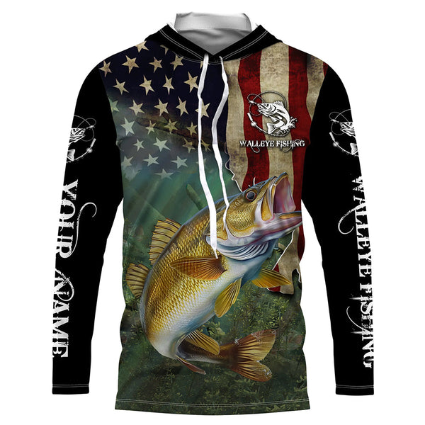 Walleye Fishing 3D American Flag Patriotic Customize name UV protection long sleeve fishing shirts NQS467