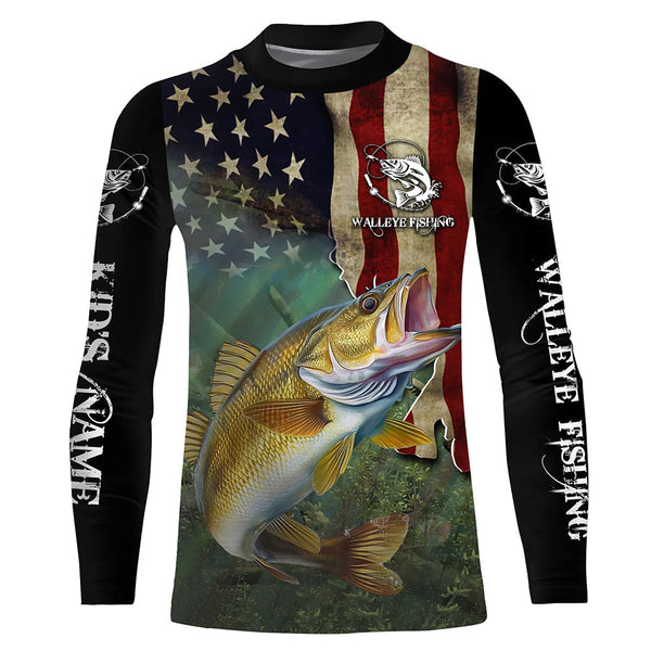 Walleye Fishing 3D American Flag Patriotic Customize name UV protection long sleeve fishing shirts NQS467