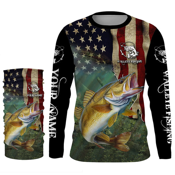 Walleye Fishing 3D American Flag Patriotic Customize name UV protection long sleeve fishing shirts NQS467