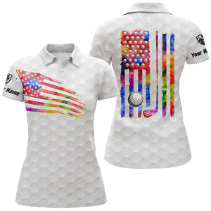 Womens golf polo shirt watercolor American flag patriotic golf shirts custom ladies golf tops | White NQS5255