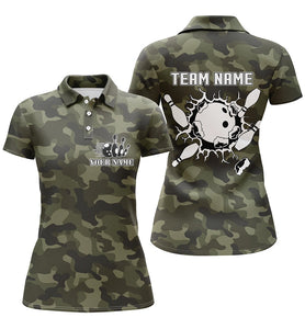 Short sleeve Bowling polo shirts for women Custom bowling ball and pins green camo Bowling Team Jersey NQS5261