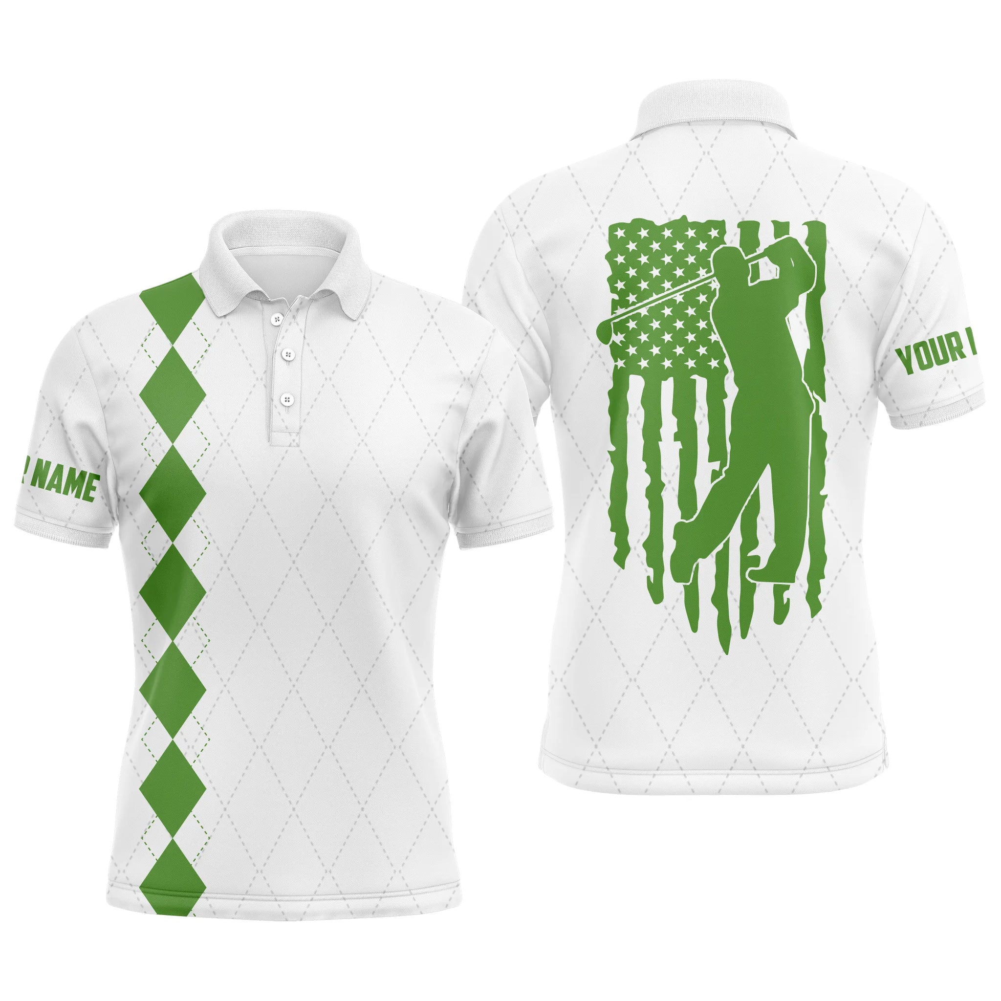 Mens golf polo shirt green American flag patriotic golf shirts custom name golf gifts NQS4942