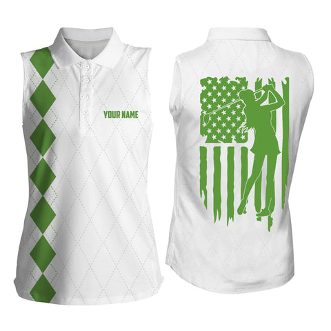 Womens Sleeveless polo shirt green American flag patriotic golf shirts custom name golf gifts NQS4942