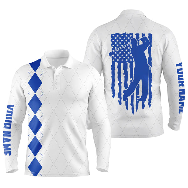 Mens golf polo shirt blue American flag patriotic golf shirts custom name golf gifts NQS4943