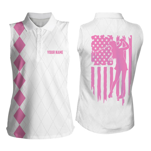 Womens Sleeveless polo shirt pink American flag patriotic golf shirts custom name golf gifts NQS4944