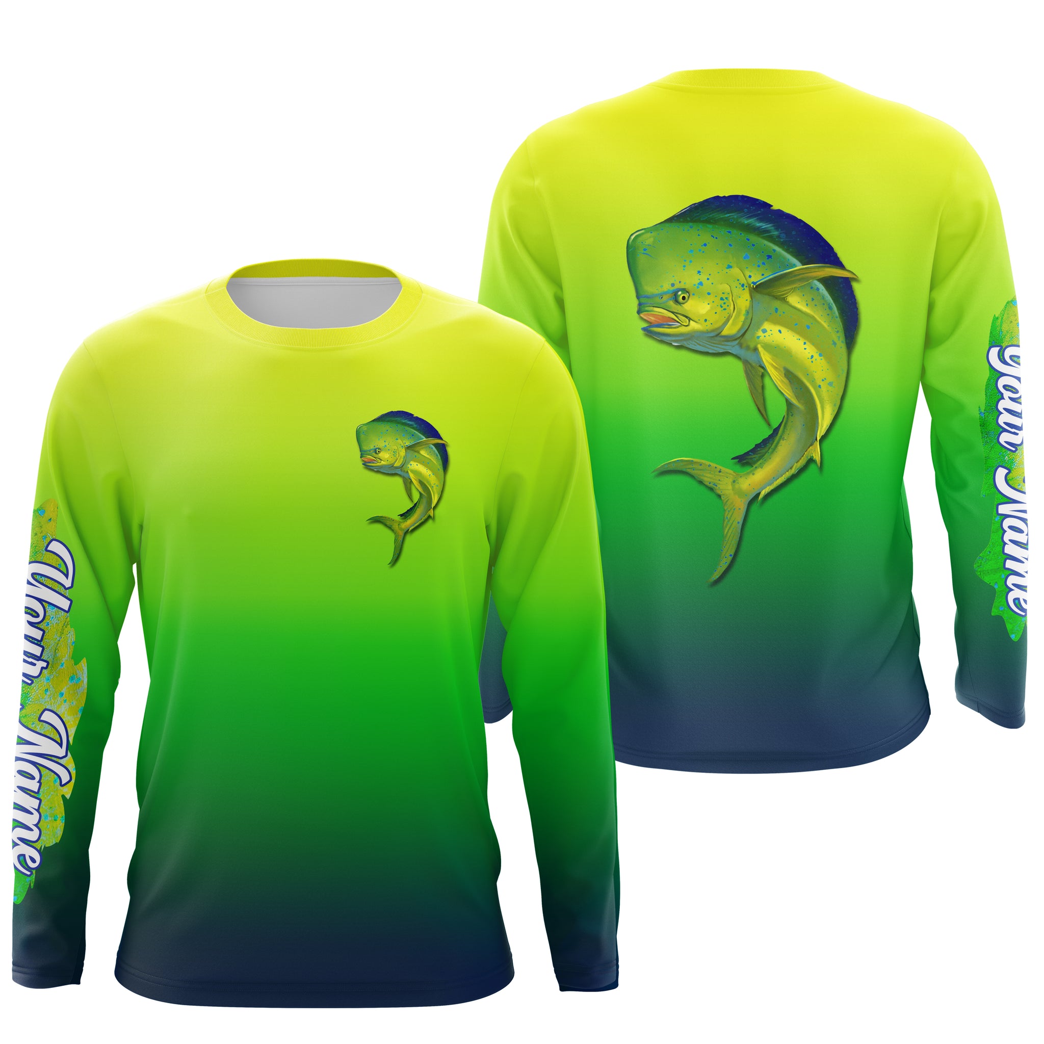 Mahi-mahi Dorado Fishing Green Scales Custom Name UV Protection UPF 30+ Fishing Jersey, Deep Sea Fishing Tournament Shirts NQS2975 Kid Long Sleeves