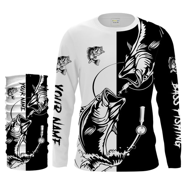 Bass fishing tattoo black and white shirt UV protection quick dry Customize name long sleeves fishing shirts UPF 30+ NQS1461