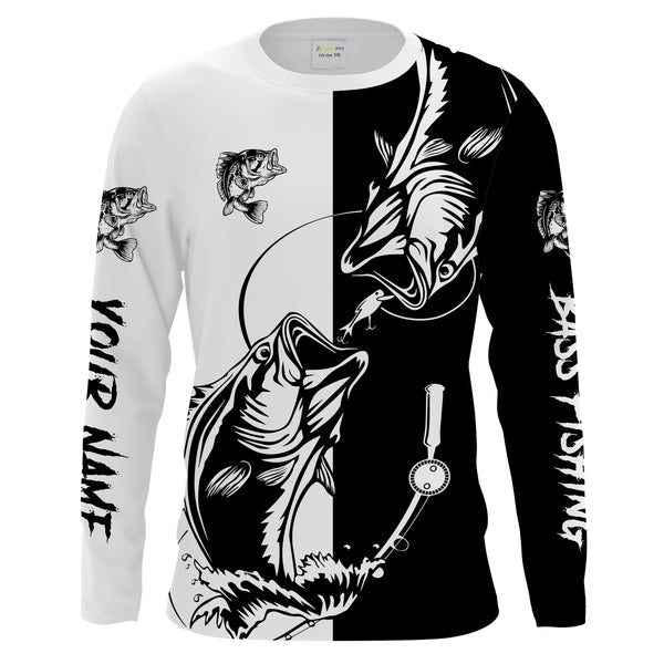 Bass fishing tattoo black and white shirt UV protection quick dry Customize name long sleeves fishing shirts UPF 30+ NQS1461