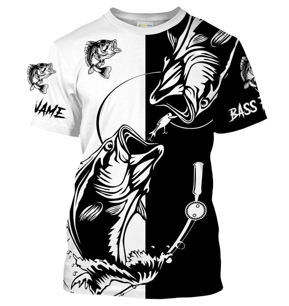 Bass fishing tattoo black and white shirt UV protection quick dry Customize name long sleeves fishing shirts UPF 30+ NQS1461