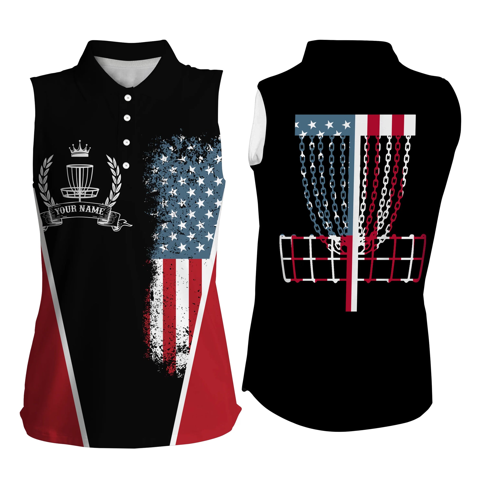 American flag Disc golf basket patriotic Womens sleeveless polo shirt custom disc golf shirt for women NQS4997