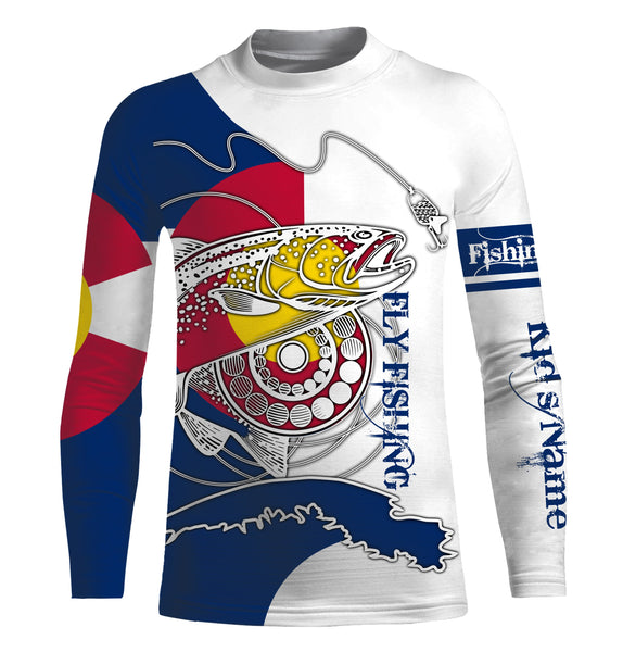 Trouts fly fishing reels Colorado flag Custom Name 3D UV sun protection UPF 30+ fly fishing shirts NQS3499