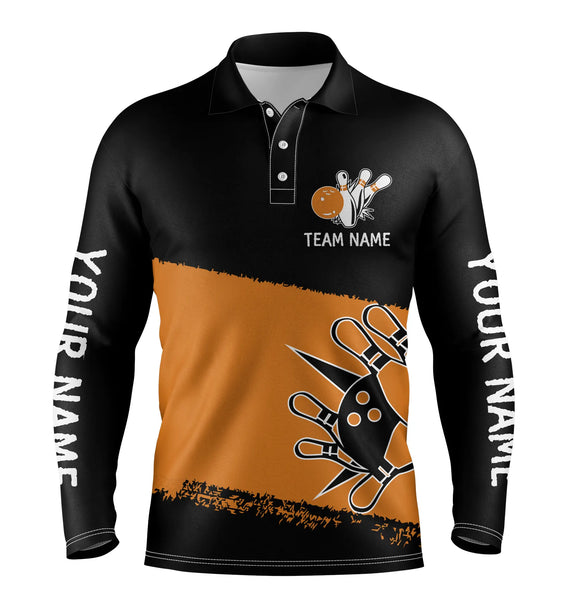 Black orange bowling balls and pins custom team bowling polo shirts for men, team bowling jerseys NQS4769