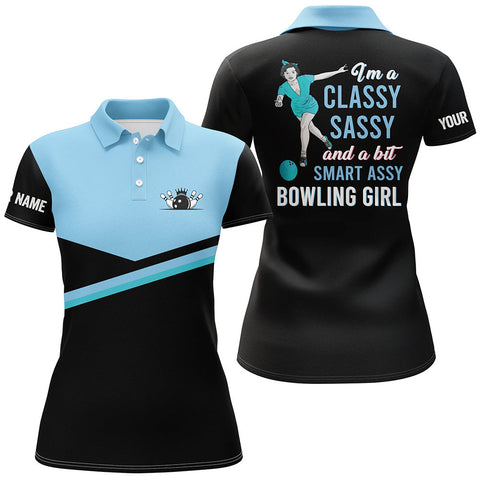 Custom black blue women bowling polo shirts I'm a classy sassy and a bit smart assy bowling girl NQS5303