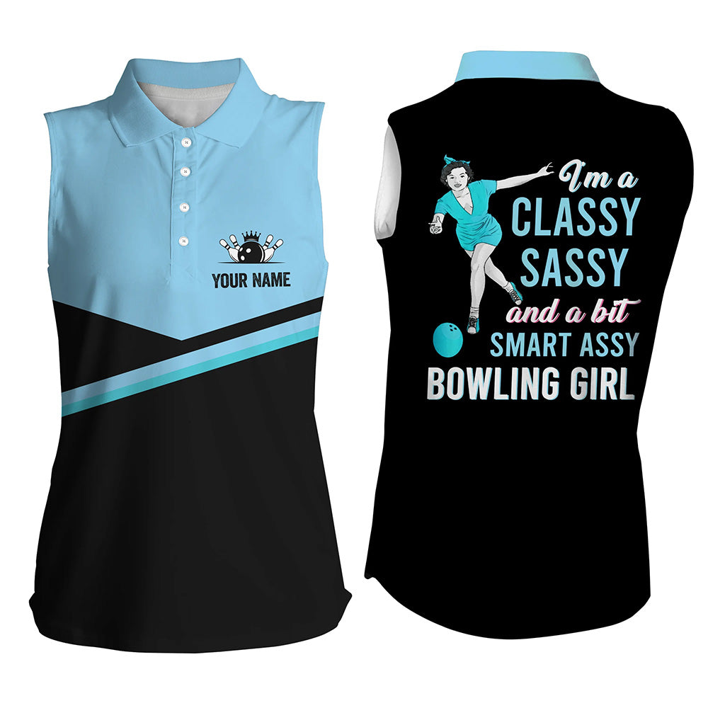 Custom black blue bowling Sleeveless polo shirts I'm a classy sassy and a bit smart assy bowling girl NQS5303