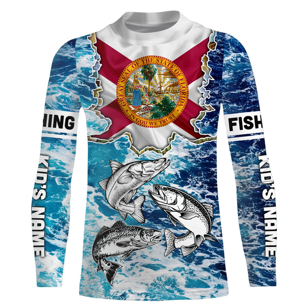 Florida Flag Redfish, trout, snook blue wave camo custom name performance long sleeve fishing shirts NQS4771