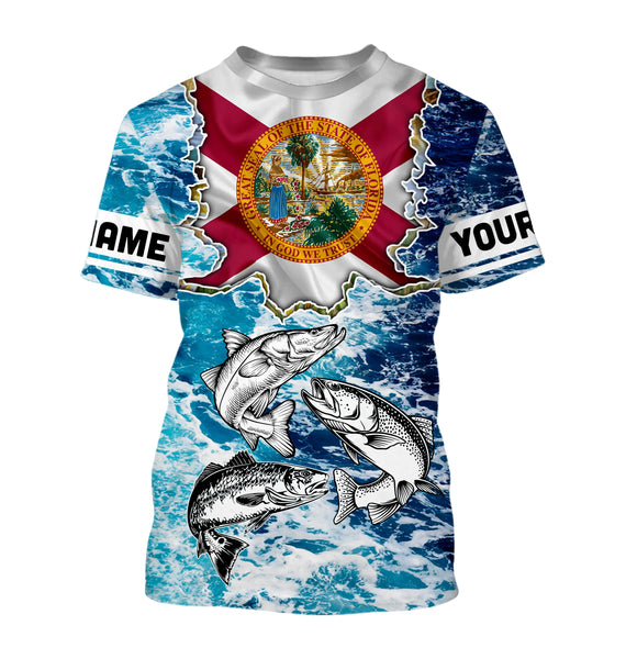 Florida Flag Redfish, trout, snook blue wave camo custom name performance long sleeve fishing shirts NQS4771