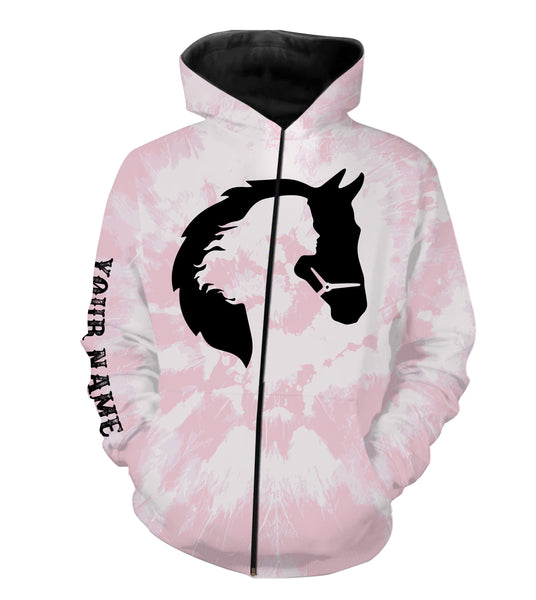 Girl riding horse pink tie dye Custom Name 3D All Over Printed Shirts Personalized horse shirt NQS3096