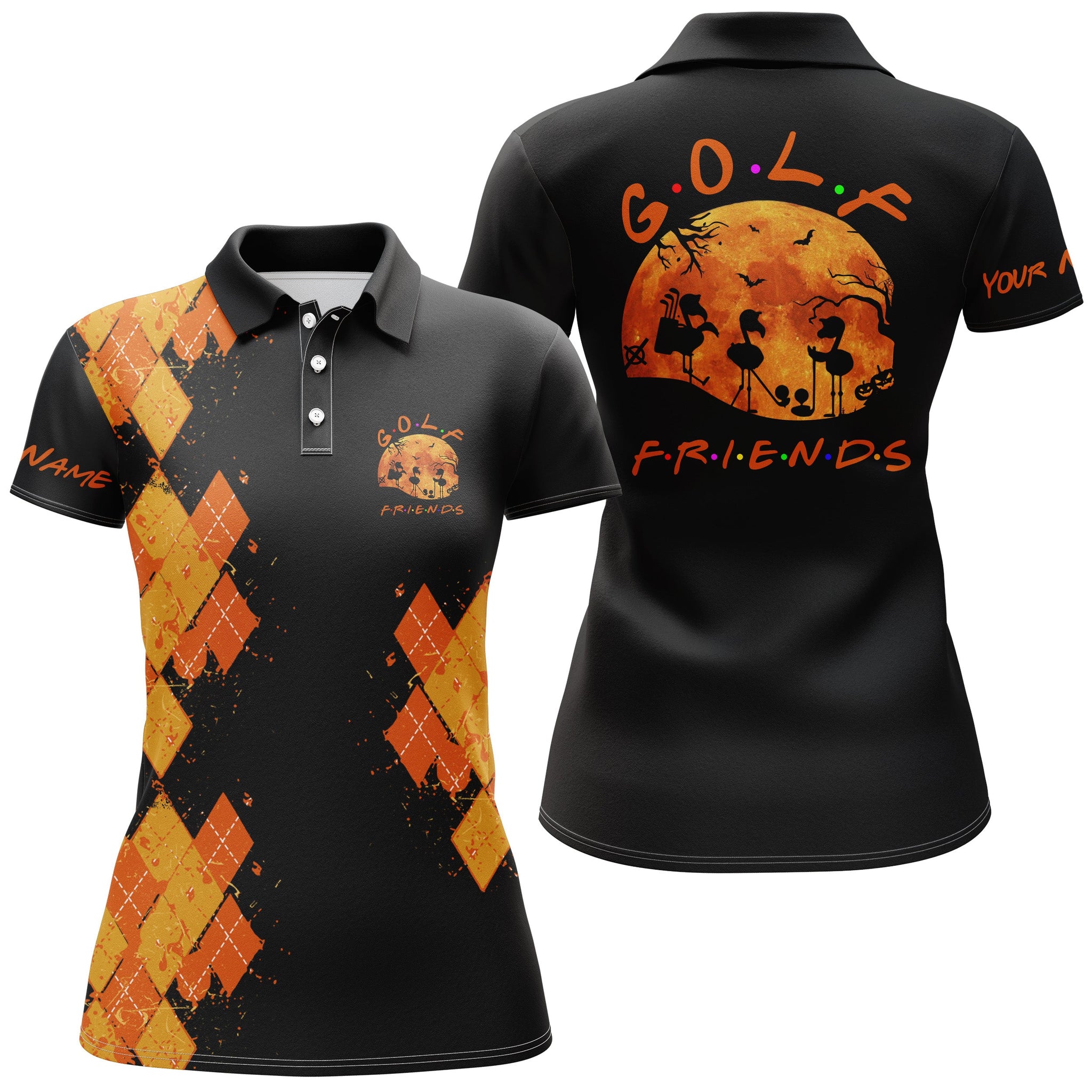 Funny orange black Halloween custom name women golf polo shirt - Flamingo golf friends Halloween shirt NQS3973