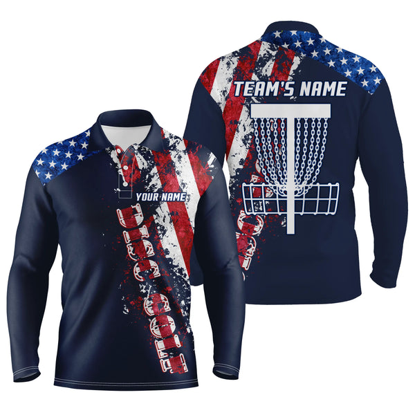 American flag patriotic Mens disc golf polo shirt custom team disc golf basket shirts | Blue Navy NQS5039