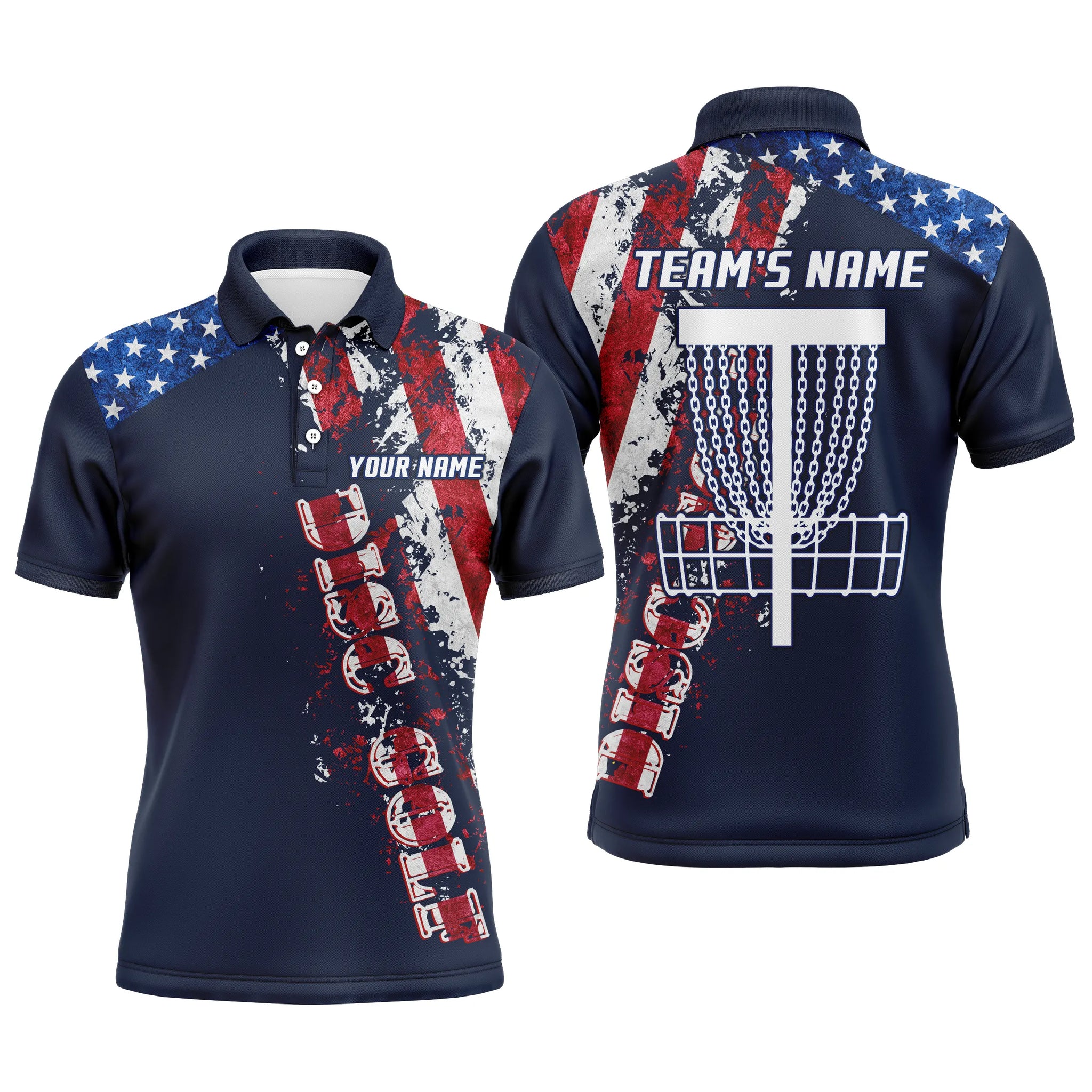 American flag patriotic Mens disc golf polo shirt custom team disc golf basket shirts | Blue Navy NQS5039