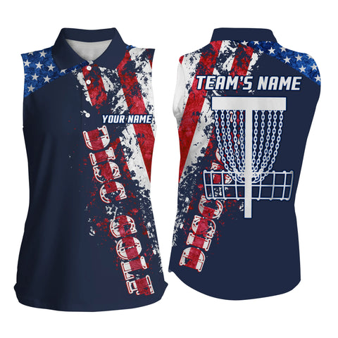 American flag patriotic Womens sleeveless polo shirt custom team disc golf basket shirts | Blue Navy NQS5039