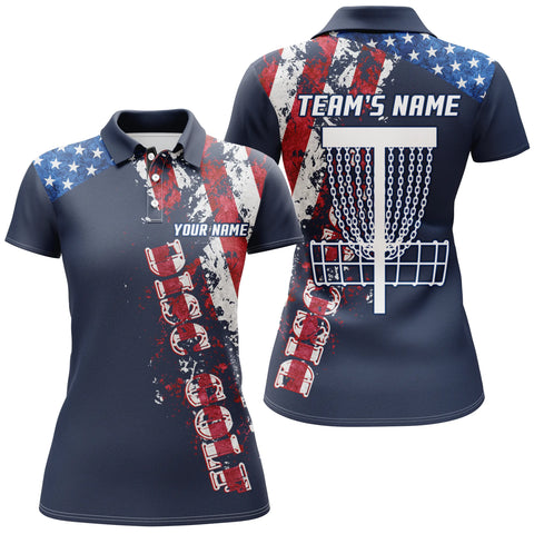 American flag patriotic Womens disc golf polo shirt custom team disc golf basket shirts | Blue Navy NQS5039