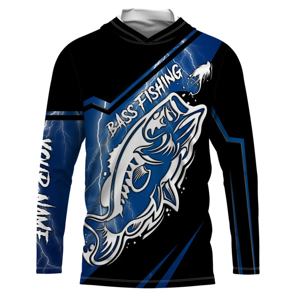 Largemouth bass fishing tattoo Custom Name UV protection Fishing Shirts, blue lightning fishing jersey NQS3514