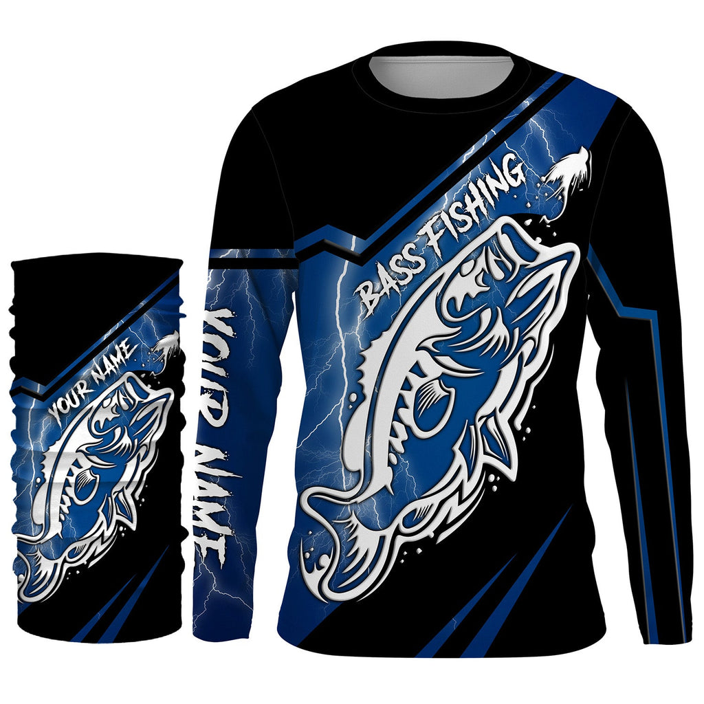 Largemouth Bass Fishing Tattoo Custom Name UV Protection Fishing Shirts, Blue Lightning Fishing Jersey NQS3514, Long Sleeves UPF / M