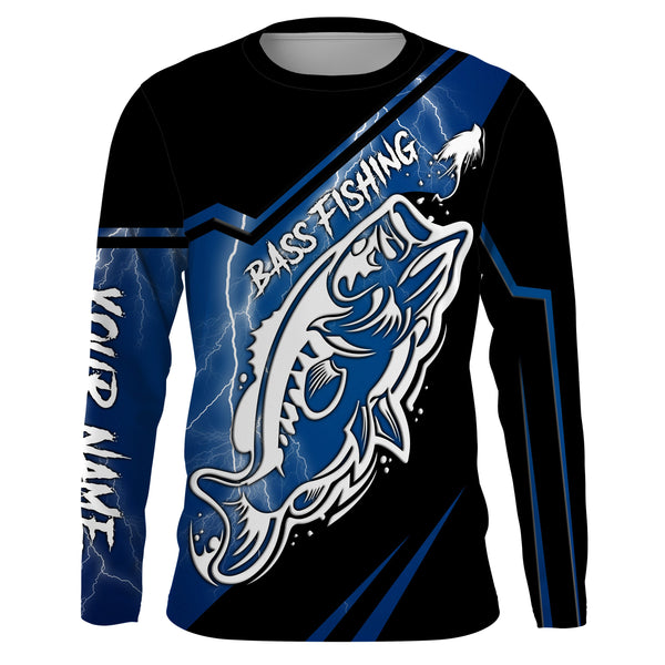 Largemouth bass fishing tattoo Custom Name UV protection Fishing Shirts, blue lightning fishing jersey NQS3514